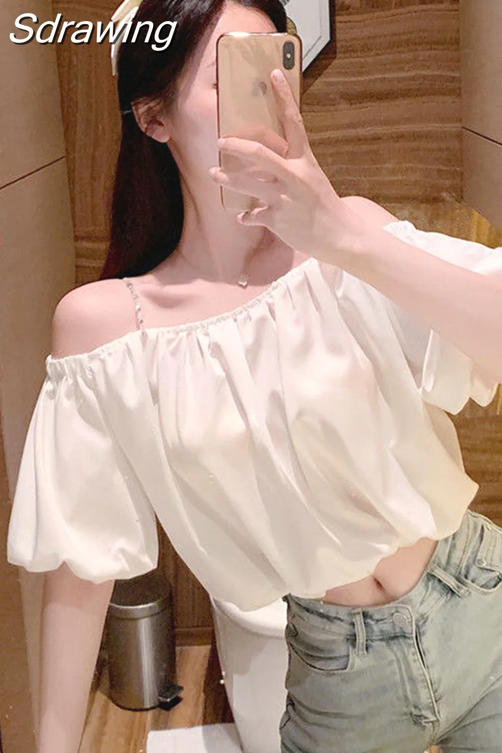 Sdrawing Top Blouse Women Off Shoulder Puff Sleeve Tee Shirt Thin Strap Chiffon Blouses Club Evening Party Clothes Cropped Tops