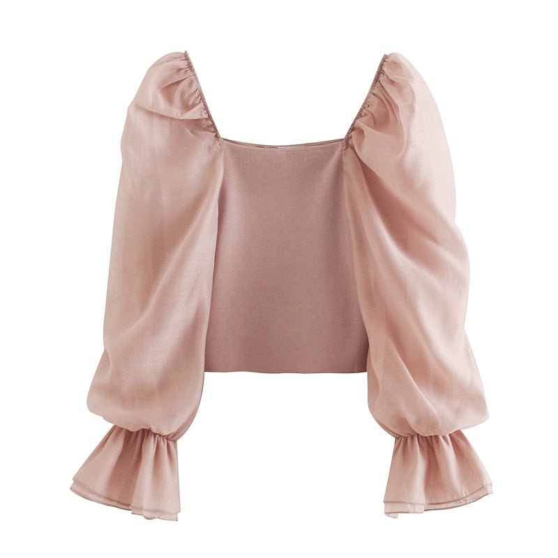 TRAF Women Sweet Fashion Patchwork Organza Knitted Blouses Vintage See Through Sleeve Stretch Female Shirts Chic Tops