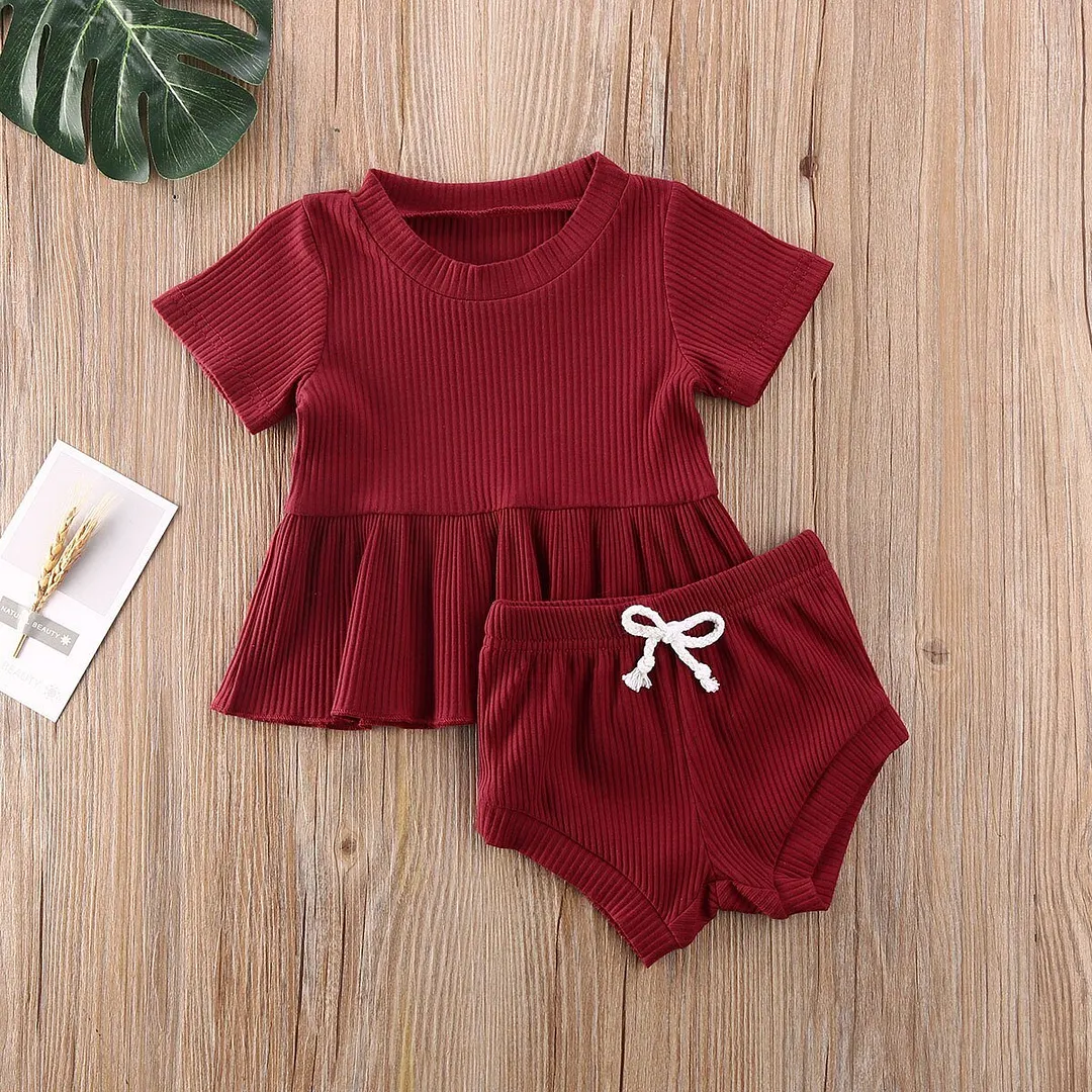 2020 Baby Summer Clothing Infant Newborn Baby Girls 2Pcs Set Ribbed Outfits Short Sleeve Shirt Dress Tops Shorts Bottoms Outfit