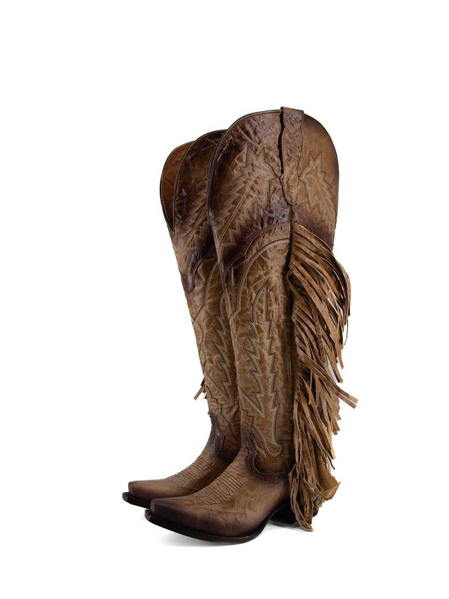 Brown Vegan Leather Embroidered Fringe Wide-Calf Knee-High Cowgirl Boots