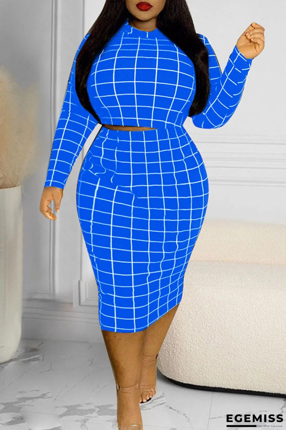 Blue Casual Plaid Print Patchwork O Neck Plus Size Two Pieces | EGEMISS