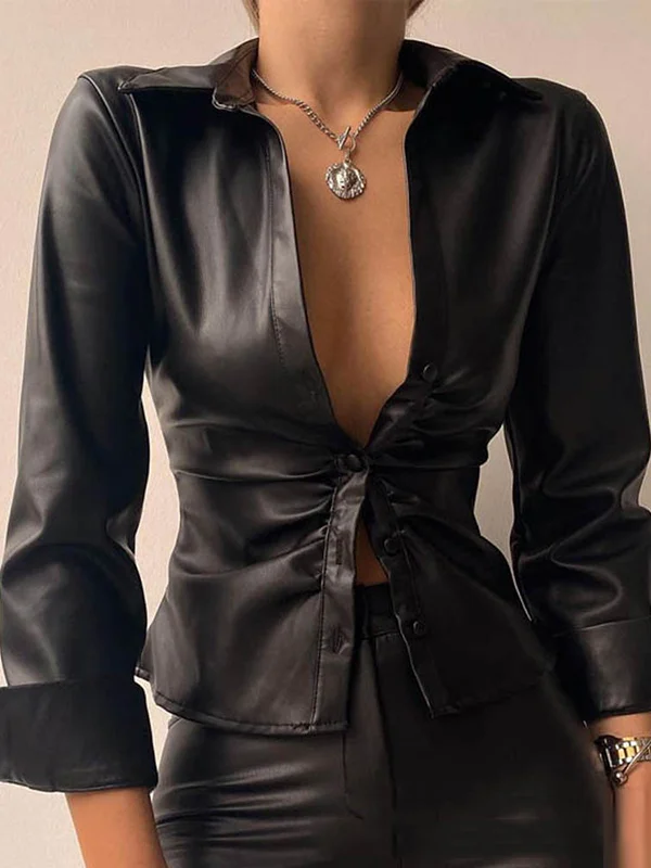 Buttoned Pleated Solid Color Long Sleeves Skinny Lapel Blouses&shirts Tops