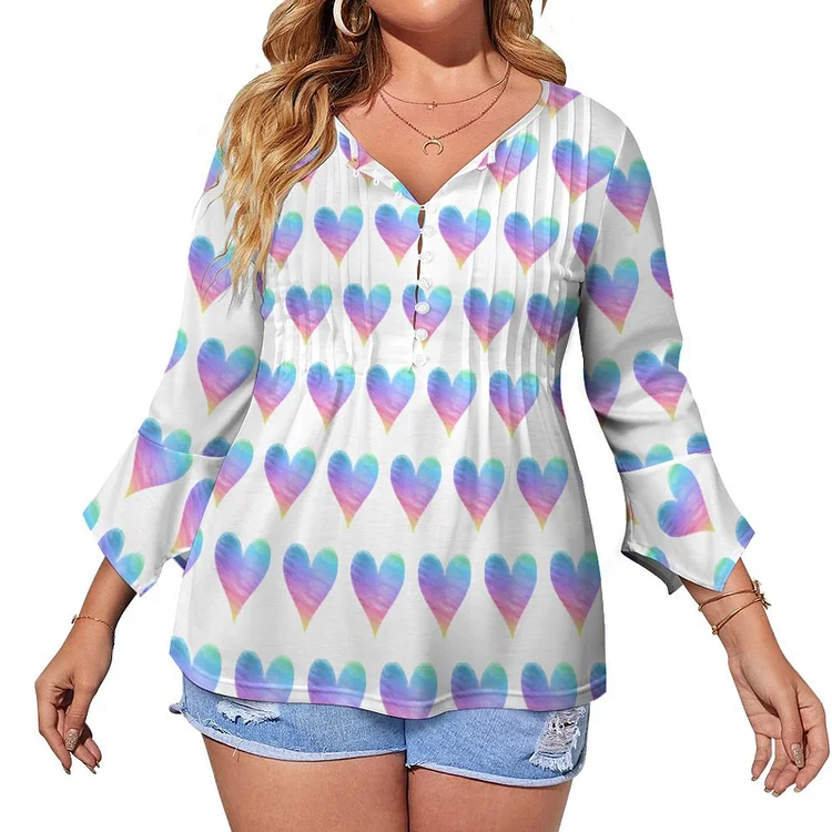3D Rainbow Pink Blue Hearts Lover Women V Neck Button Half Placket Blouse casual print Petal 3/4 Sleeve Pullover Top - Heather Prints Shirts