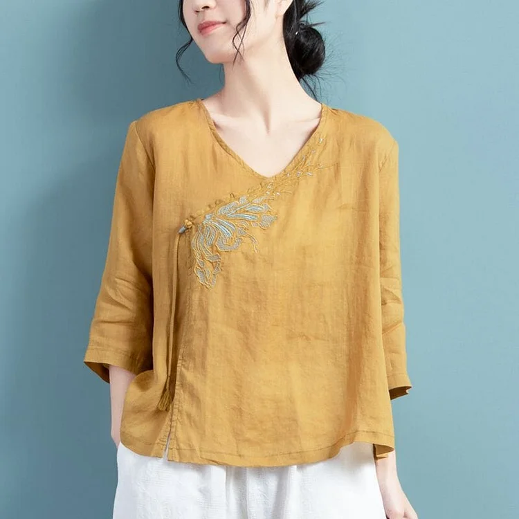 Spring Retro Loose Linen Embroidery Casual Blouse