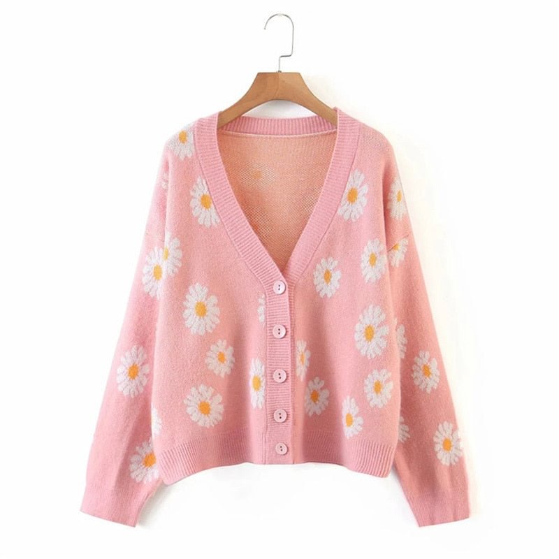 Floral Print Cardigan Women Knitted Sweater Long Sleeve V Neck Jumper Loose Women Oversize Cardigan Casual Coat Jersey Mujer