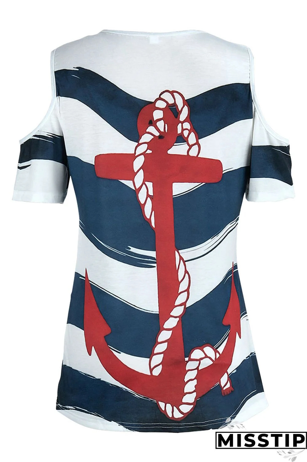 Deep Blue Fashion Casual Print Hollowed Out O Neck T-Shirts