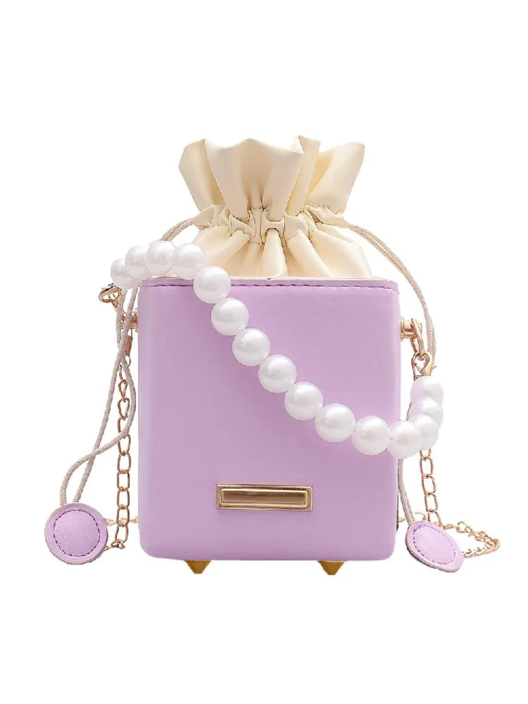 Women Square Box Shoulder Bag PU Pearl Chain Mini Drawstring Tote (Purple)