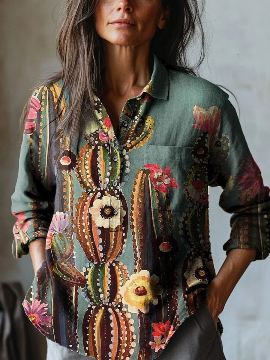 Women's Vintage Cactus Flower Art Print Casual Cotton And Linen Shirt