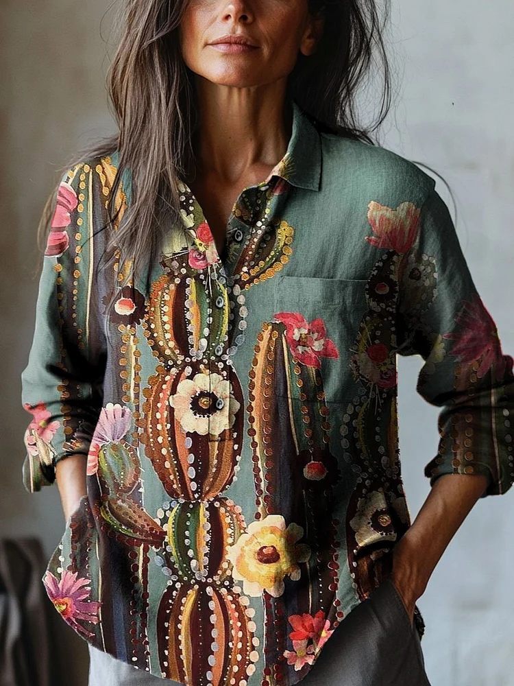 Womens Vintage Cactus Flower Art Print Casual Cotton And Linen Shirt