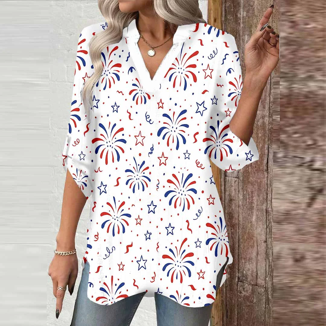 Women  Independence Day, Star, Striped, Blue, Red DZGA0232 3/4 Sleeve V-neck Printed Graphic Button Tops