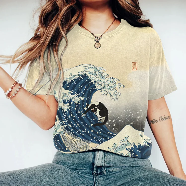 Japanese Art Casual Cat Waves Print Crew Neck T-Shirt