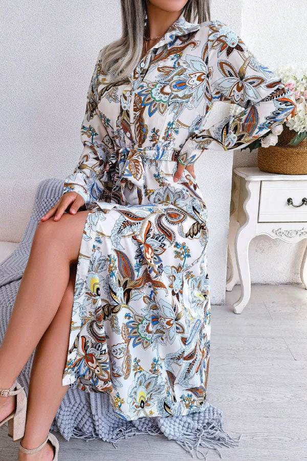 Vintage Floral Lapel Tie Shirt Maxi Dress