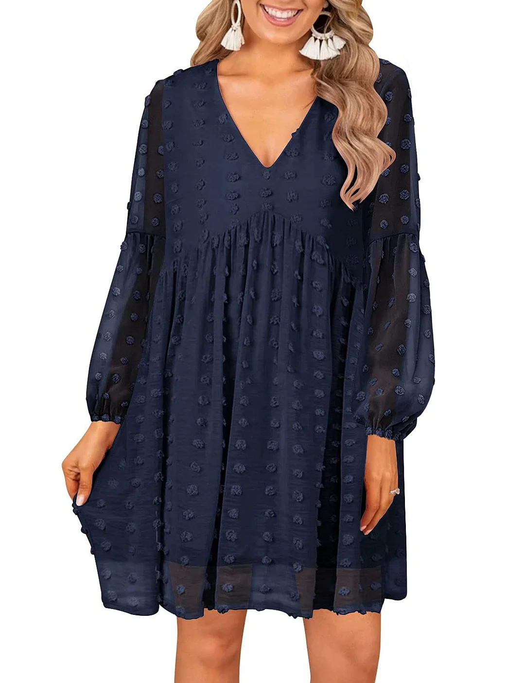 MIHOLL Women's V Neck Short Sleeve Ruffle Loose Summer Flowy Mini Dress