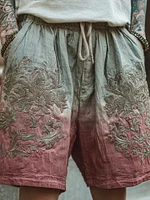 Men's Vintage Floral Embroidered Gradient Linen Shorts