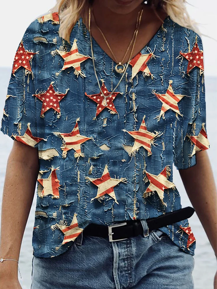 Independence Day Vintage Ragged Denim Stars Oversize Short Sleeve T-Shirt
