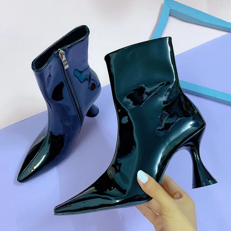 2022 New Winter Women Ankle Boots High Quality Patent Leather Pointed Toe Zip Short Boot Green White Heels Party Shoes Size 42