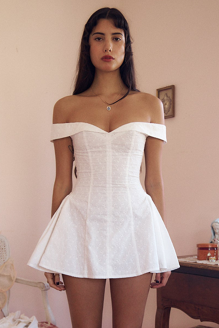 Off Shoulder Cinch Waist Jacquard Mini Dresses-White