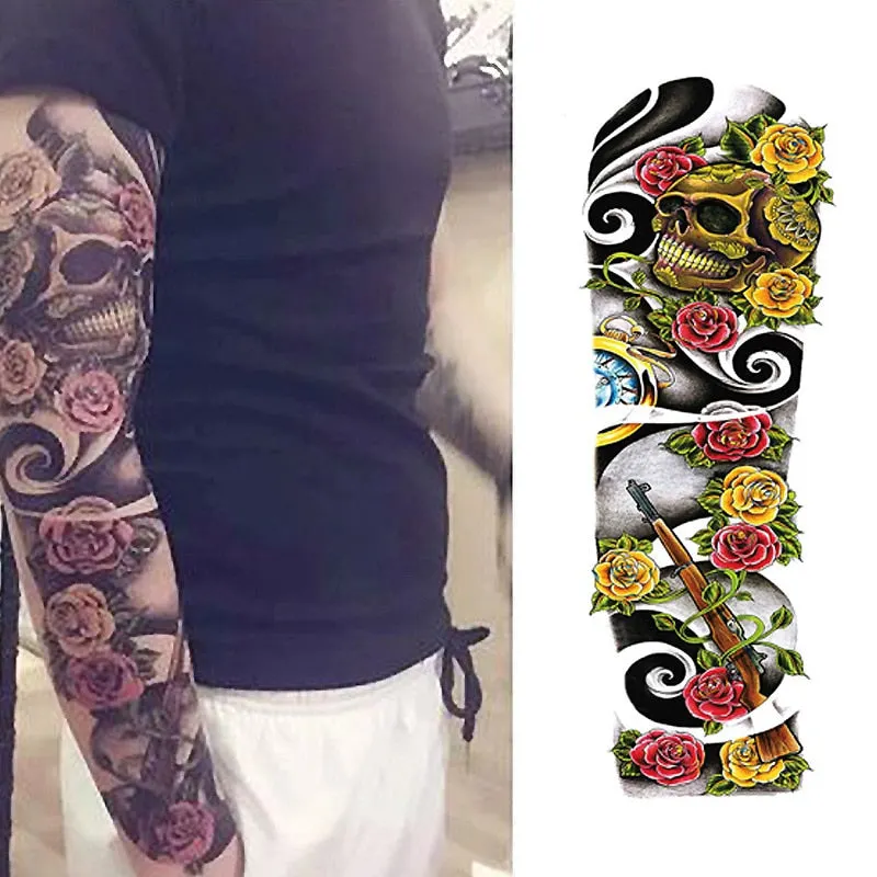 Full Flower Arm Temporary Tattoo Sticker Rose Clock Body Art Water Transfer Fake Tatoo Sleeve For Men Women