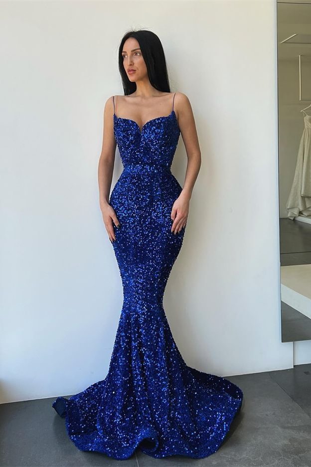 Royal Blue Spaghetti Strap Long Mermaid Prom Dress With Sequins PD0763