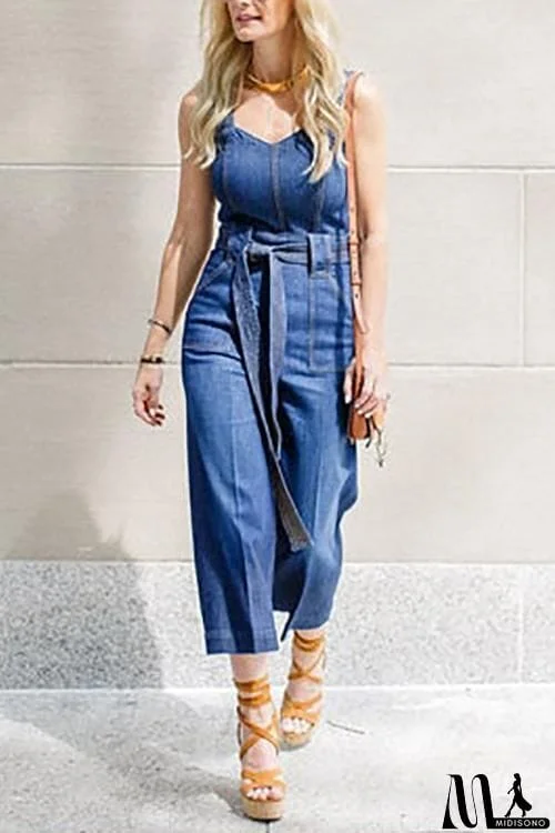 MidiSono - Sleeveless Belted Denim Jumpsuit