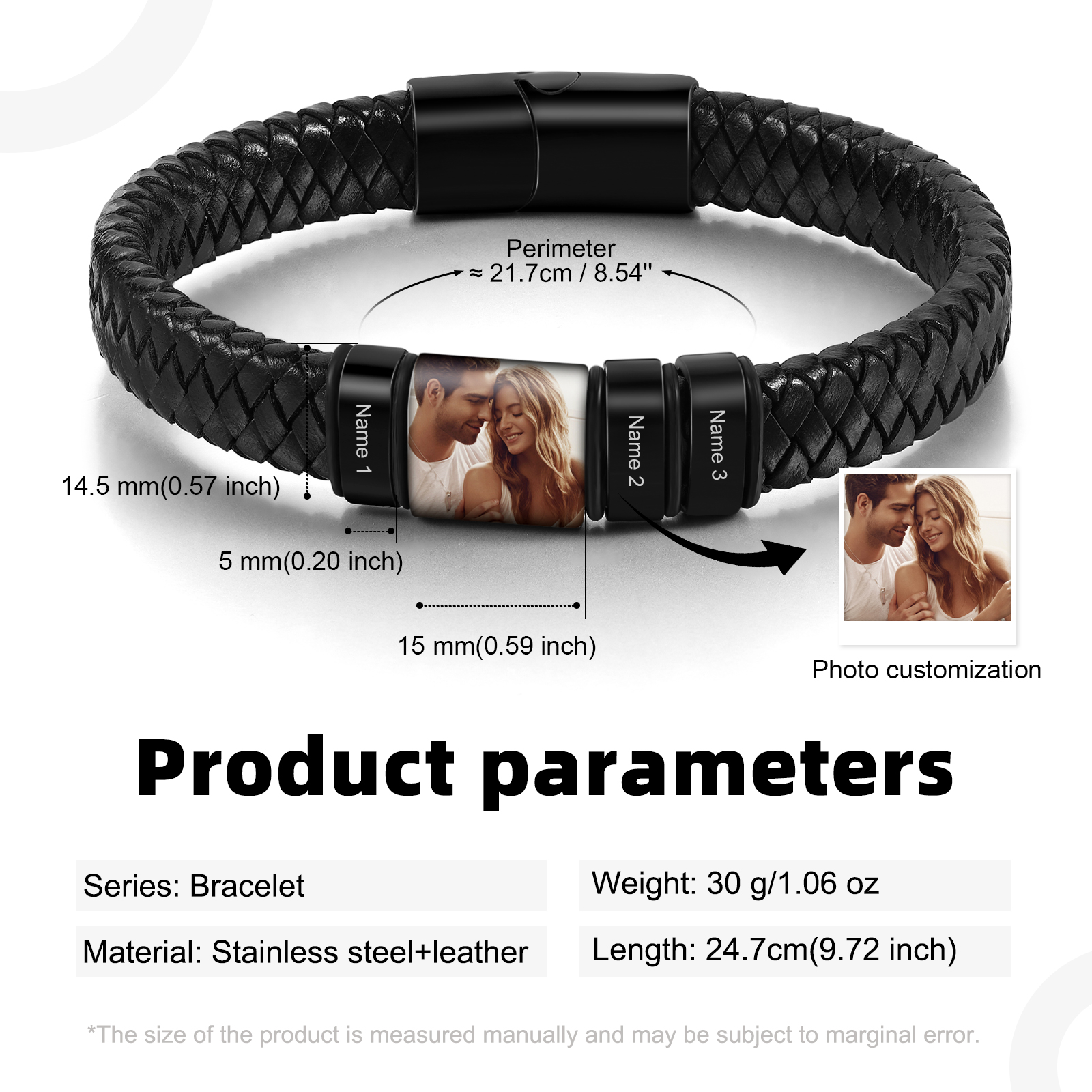 3 Names - Personalised Men's Leather Bracelet Custom Photo Braided Bracelet Gift for Him-Jessemade AU
