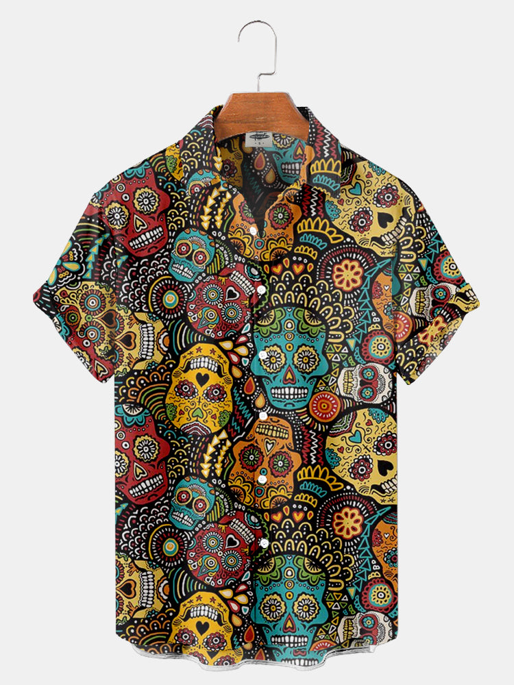 Men'S Halloween Day of the Dead Skull Print Shirt PLUSCLOTHESMAN