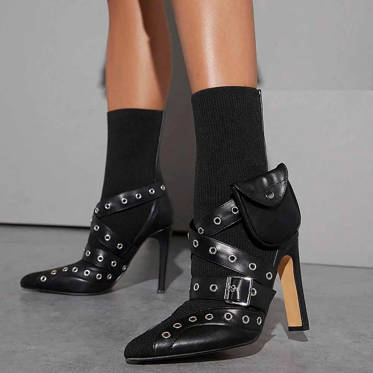 Black Pointed Toe Stiletto Heels Pocket Embellishment Sock Booties |FSJ Shoes