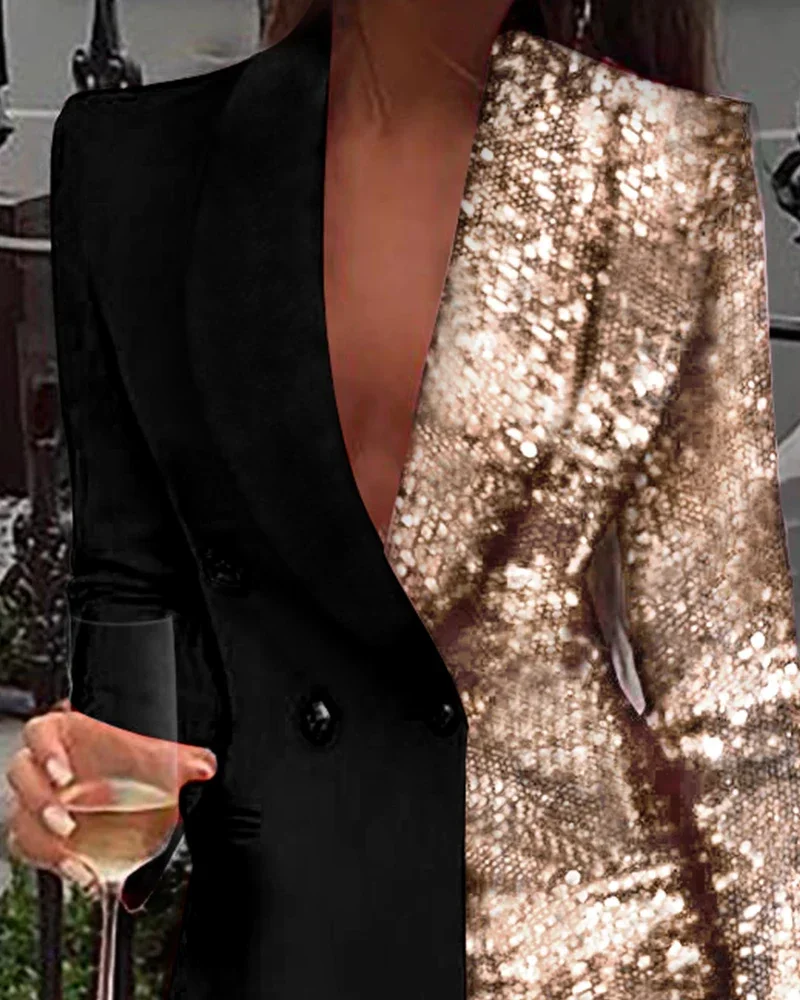 Women's Shining Sexy Colorblock Sequin Long Sleeve Party Blazer Dress