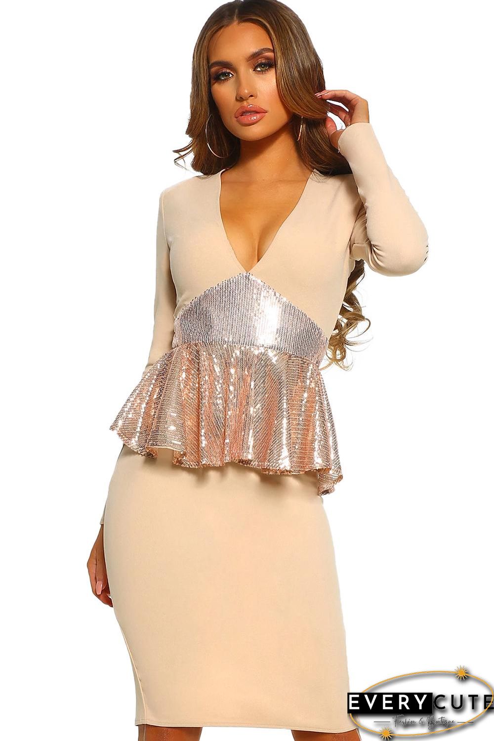 Midnight Hour Stone Sequin Peplum Long Sleeve Midi Dress