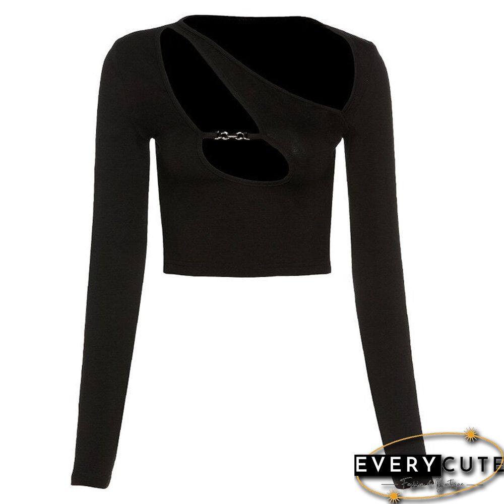 Fashionable Cut Out Hole Skew Collar Crop Tshirt Women Asymmetrical Gothic Streetwear Fall