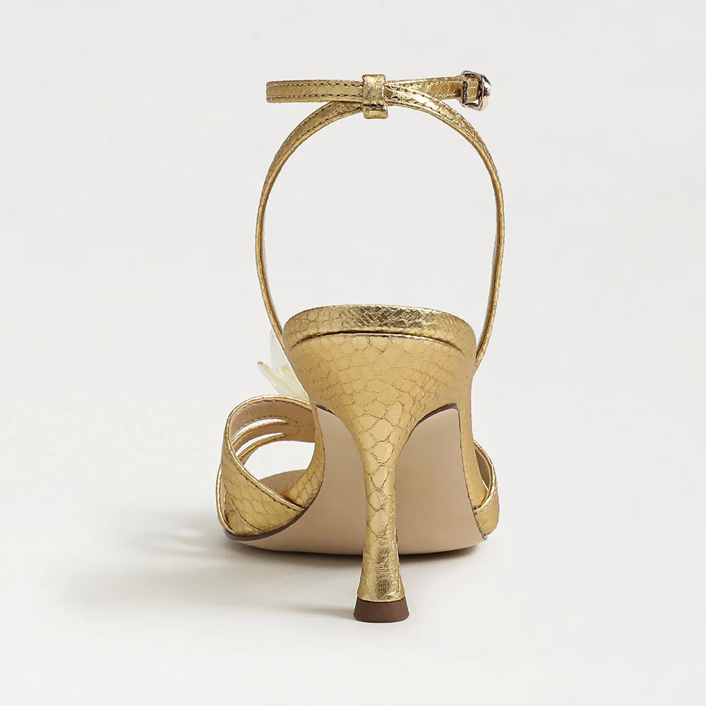 Gold Round Toe Flared Heel Floral Women's Sandals with Ankle Strap