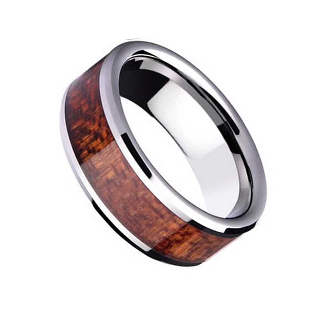 6MM 8MM Flat Tungsten Wedding Rings Wood Inlay High Polished Comfort Fit For Men