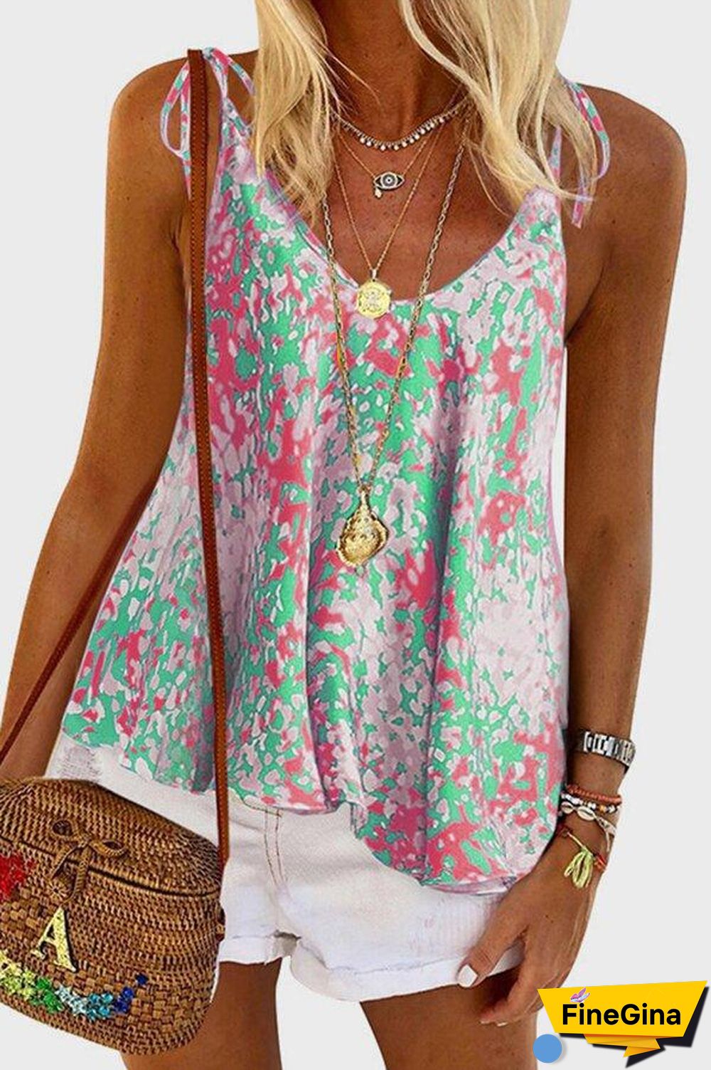 Lace Up Print Sleeveless Camisole