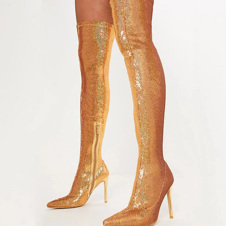 Gold Fish Scale Sock Boots Pointed Toe Stiletto Heel Thigh High Boots |FSJ Shoes