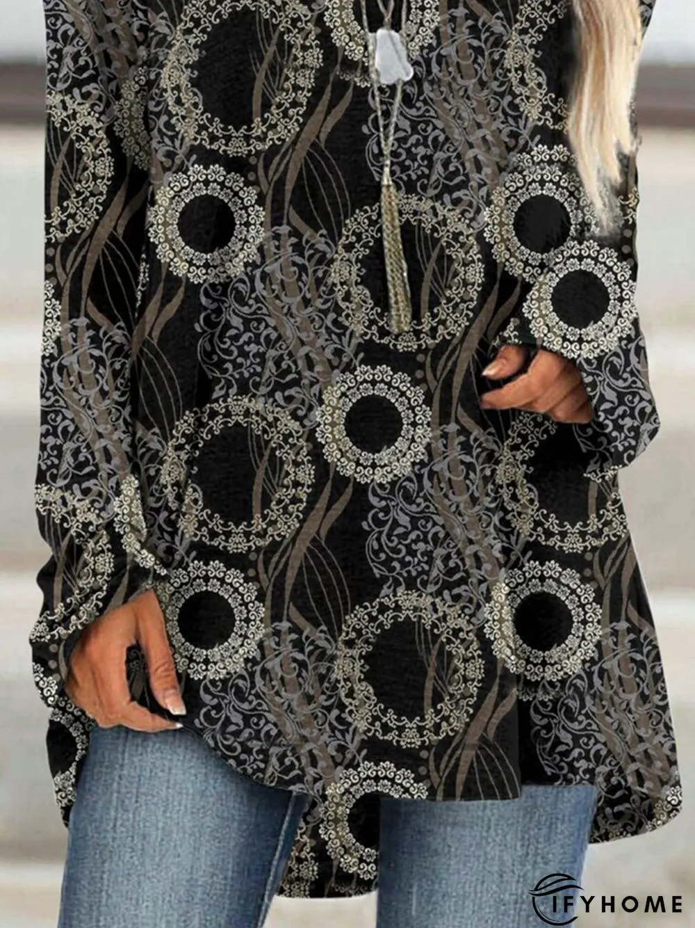 Vintage Color-block Geometric Printed Long Sleeve Crew Neck Casual Tunic Top | IFYHOME