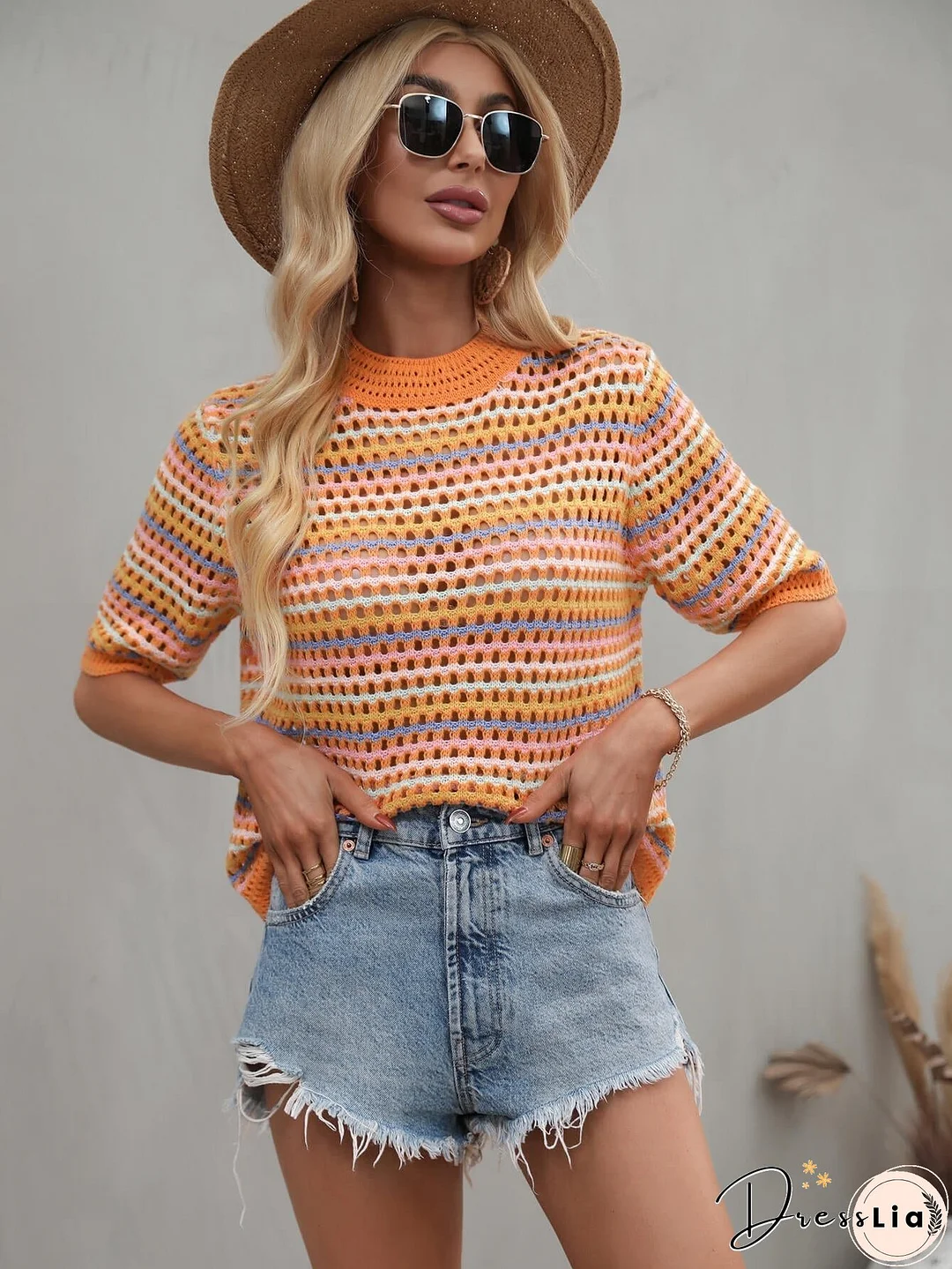 SAYLOR STRIPPED HALF SLEEVE KNIT TOP