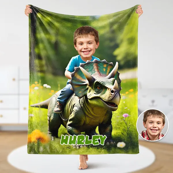 Custom Riding Dinosaur Blankets Personalized Face & Name Hero Blanket Gifts For Boys