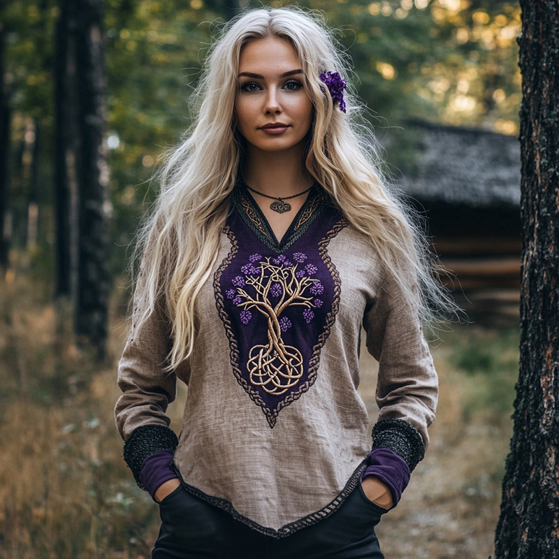 Comstylish Women's Viking Purple Blossom Tree Of Life Patchwork Linen Shirt