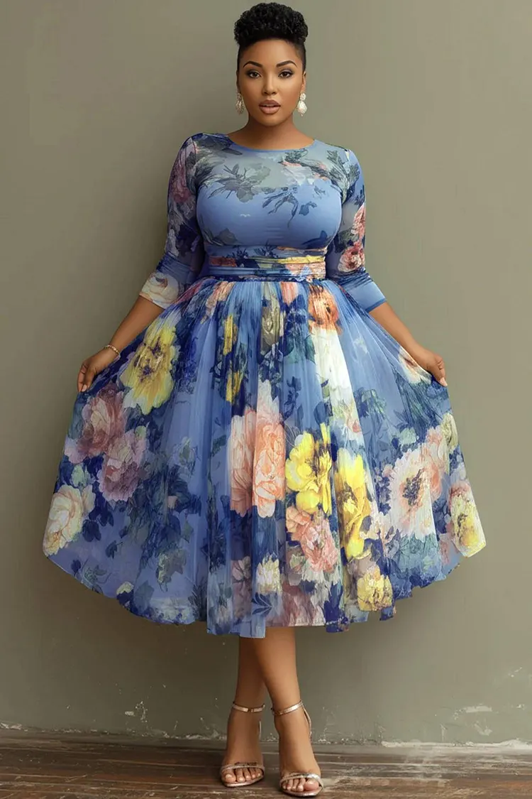 Xpluswear Design Plus Size Vacation Sage Green Floral Round Neck 3/4 Sleeve See Through Tulle Midi Dresses 2024 - Xpluswear