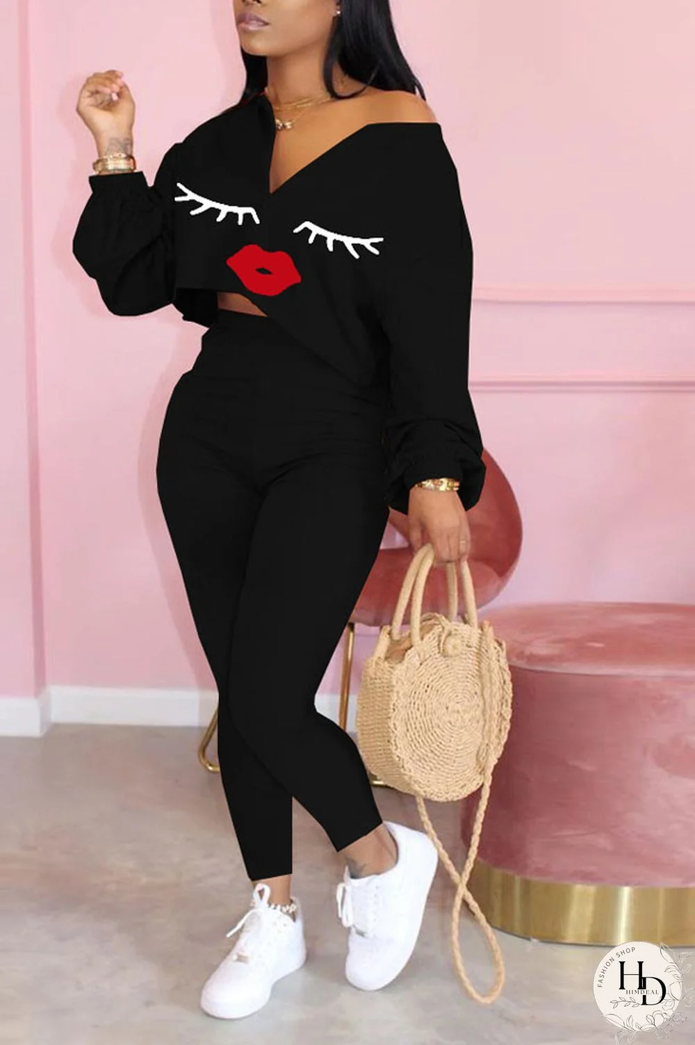 Black Sexy Print Lips Print pencil Long Sleeve Two Pieces