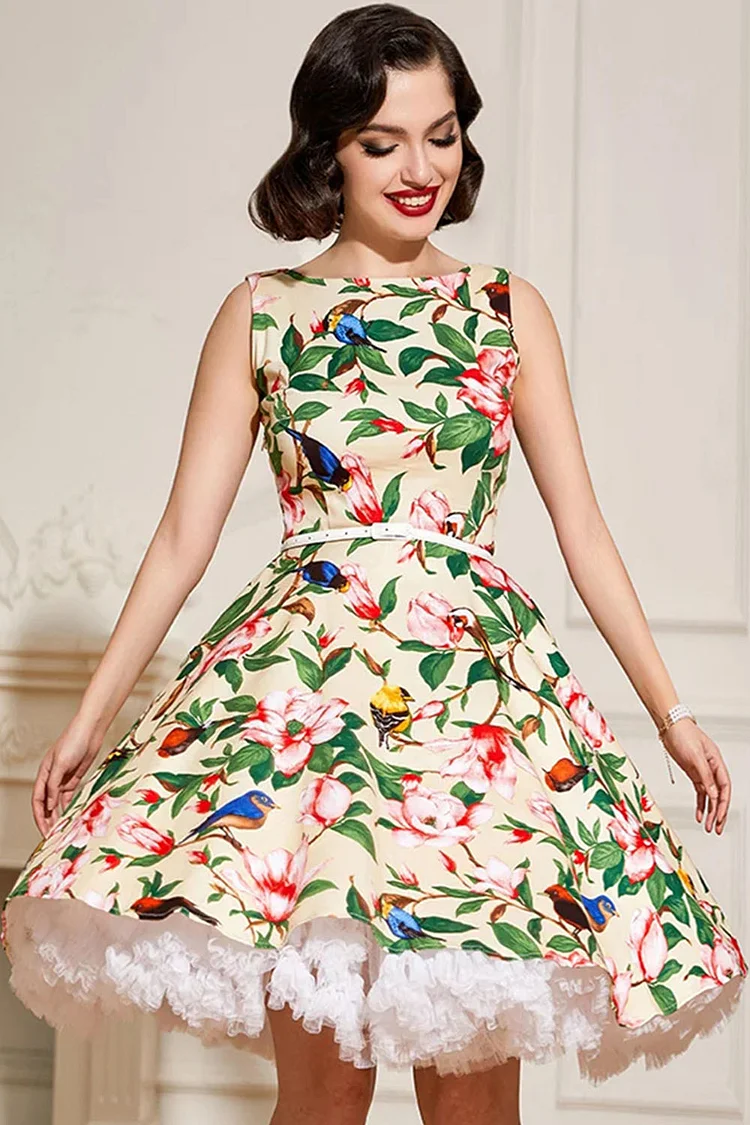 1950s Beige Casual Floral Bird Print Sleeveless A-line Swing Midi Dress [Pre-Order]