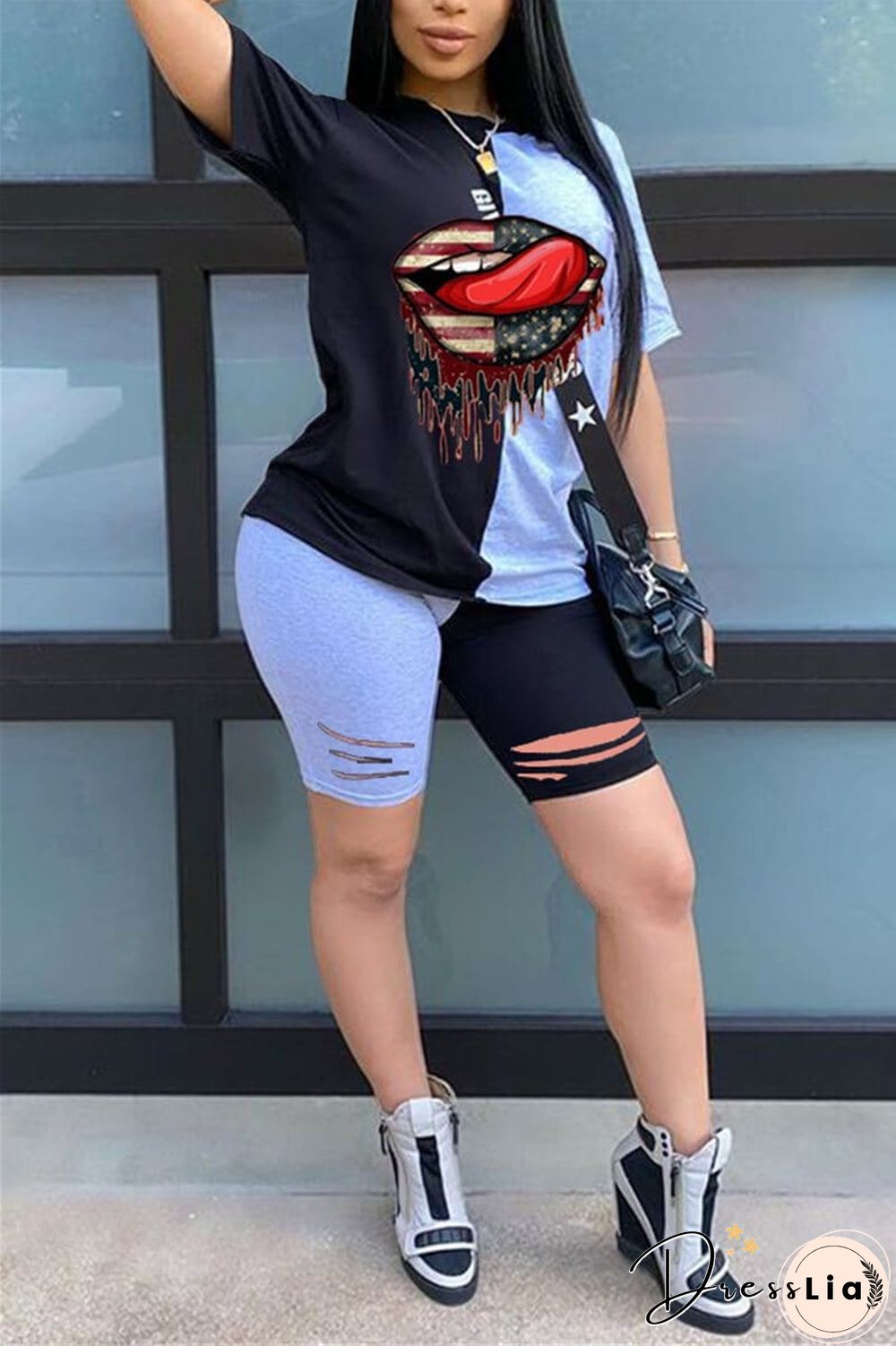 Casual Printed T-Shirt  Patchwork Set