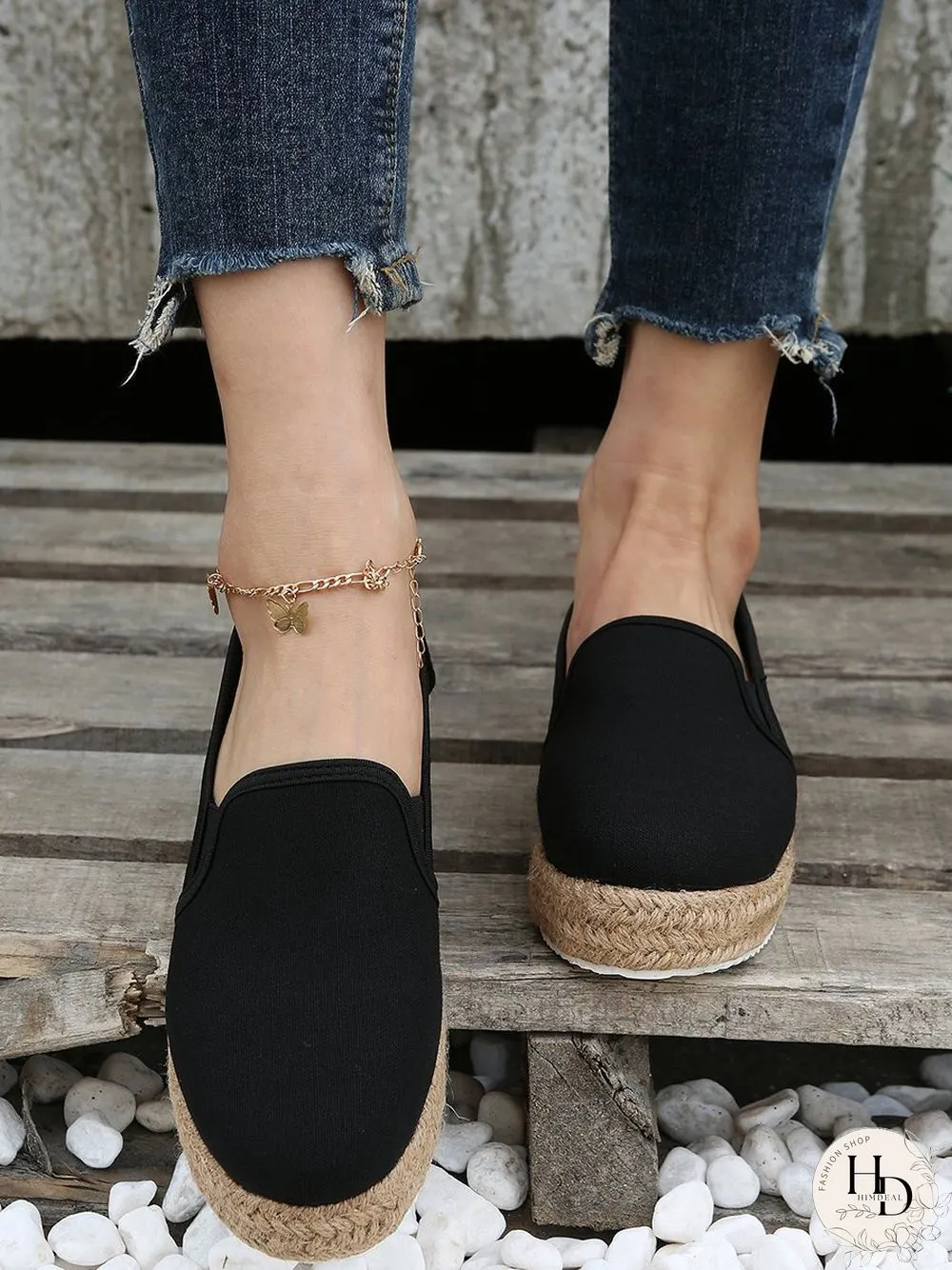 Black White Canvas Straw Platform Loafers