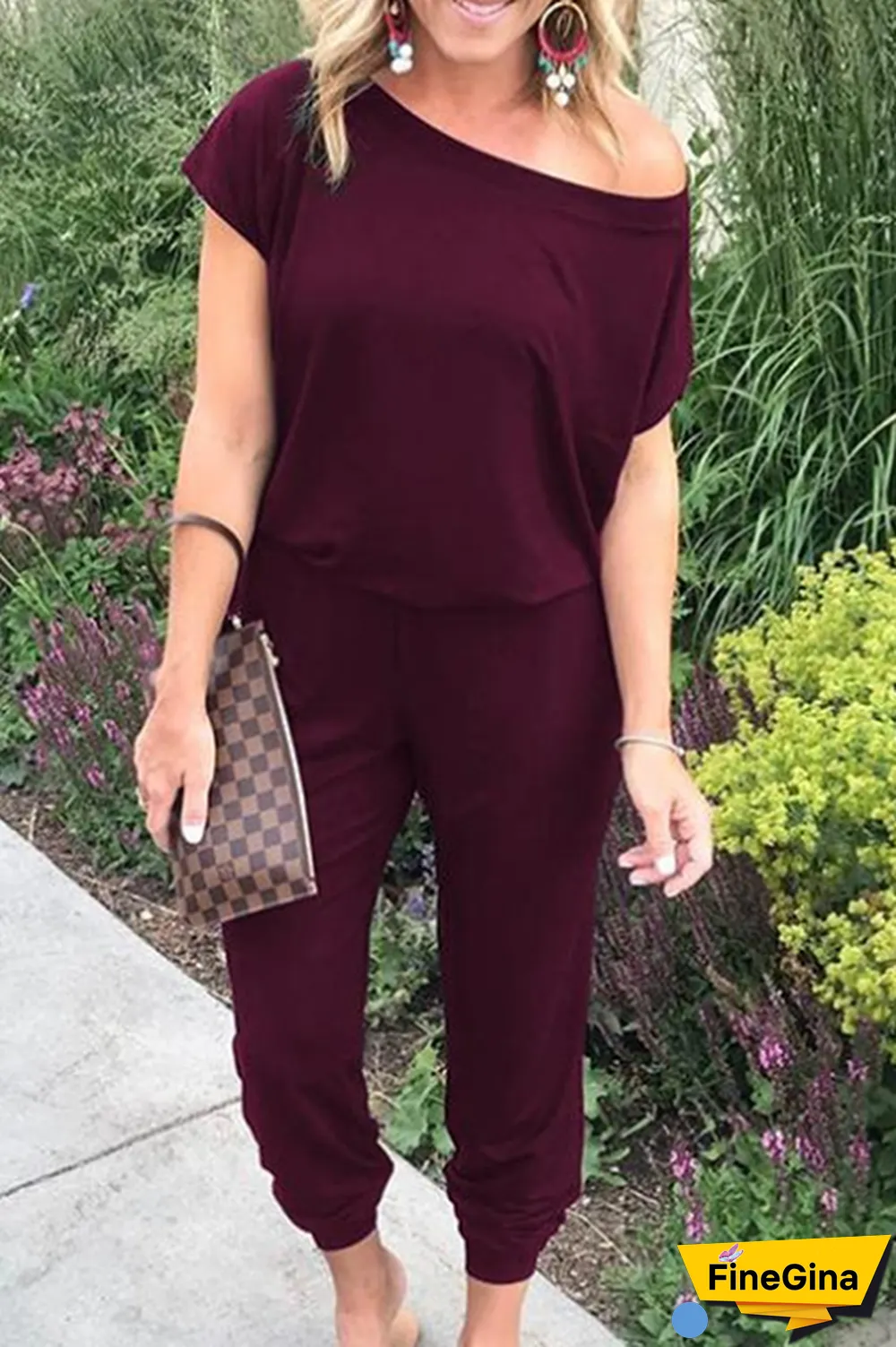 Casual Solid Split Joint Basic Oblique Collar Jumpsuits