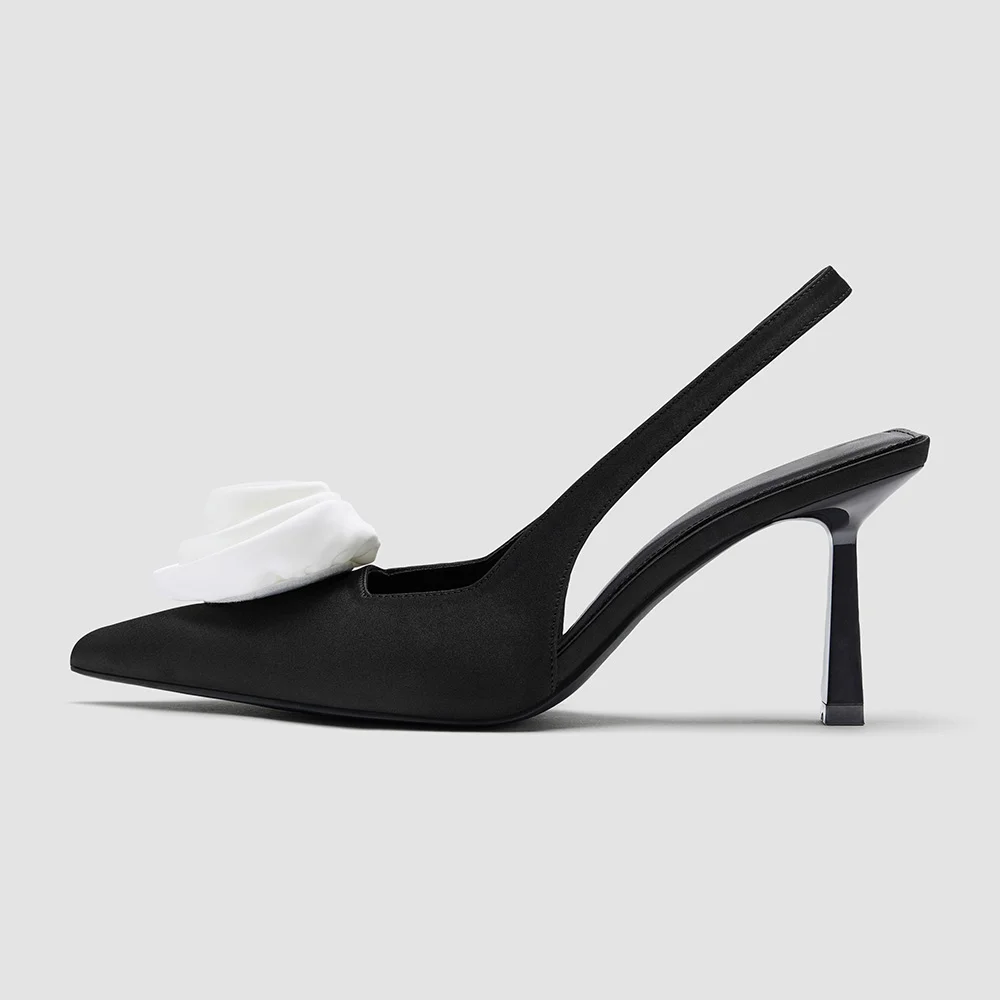 Satin Pointed Toe Rose Decor Stiletto Heel Black Pumps for Women