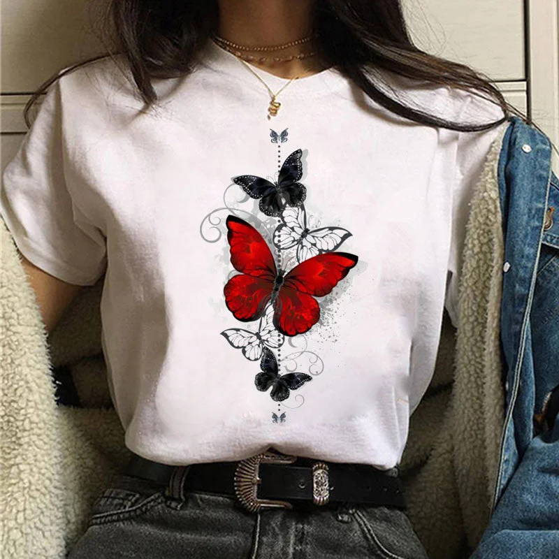 Women Red and Black Butterfly Fashion T Shirt Girl Harajuku Korean Style Graphic Tops Valentine's Day Female T-shirt,Drop Ship