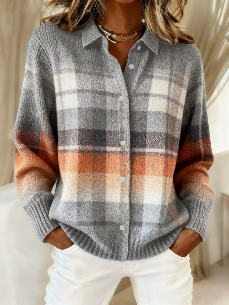 Women's Vintage Plaid Art Print Casual Sweater