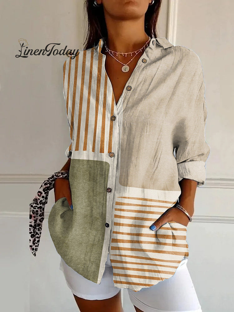 Striped Color Block Art Bohemian Long Sleeve Shirt Multicolor / S