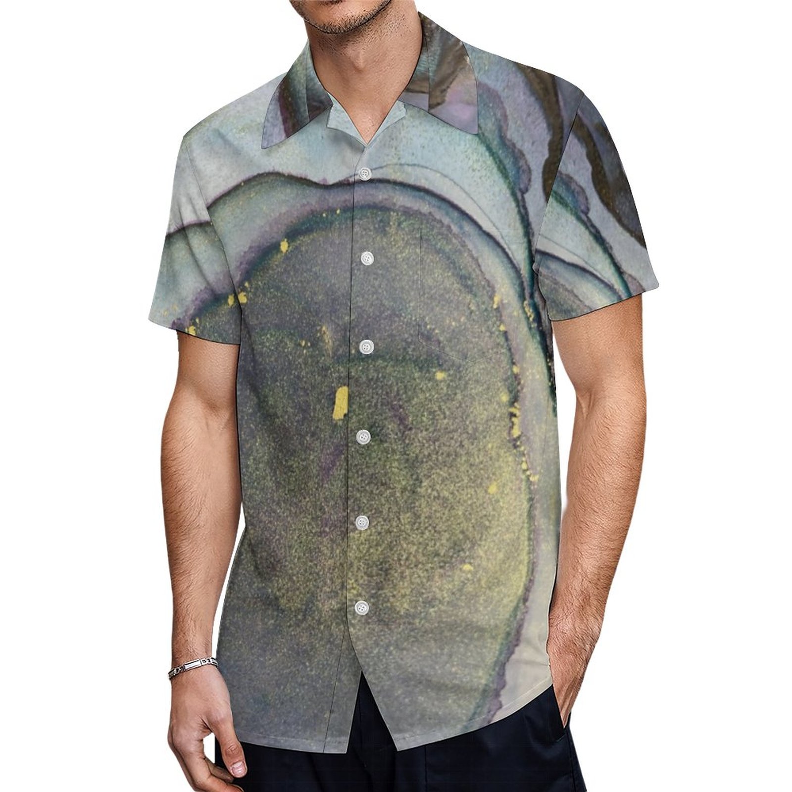 Abstract Alcohol Ink Teal Purple Gray Gold Hawaiian Shirt Mens Button Down Tropical Hawaii Beach Shirts