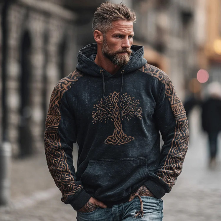 Men's Retro Viking Tree Of Life Celtic Knot Graphic Hoodie
